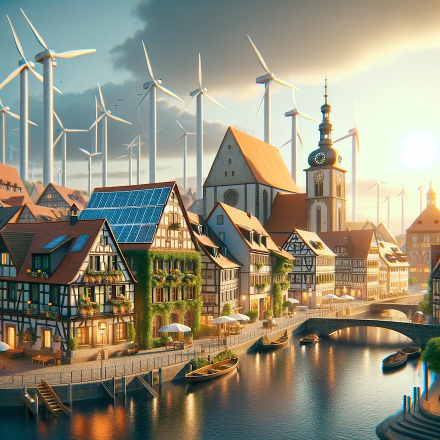 Traditionelle deutsche Stadt mit modernen Energietechnologien, darunter Windturbinen und Solarpaneele.