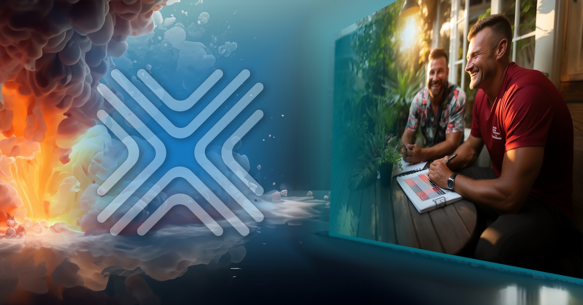 Berater von XNERGIE führen ein fröhliches Gespräch an einem Außentisch, mit dem Firmenlogo vor einem dynamischen Hintergrund, der den Übergang von Energieeffizienz von Feuer zu einer kühlen, begrünten Umgebung darstellt und somit den Wechsel zu umweltfreundlichen Energielösungen symbolisiert.