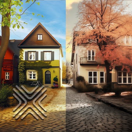 Zwei Fachwerkhäuser bei Sonnenuntergang. Ein Haus modernisiert mit Solarzellen, das andere in traditionellem Zustand. XNERGIE-Logo im Vordergrund.