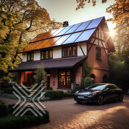 Ein modernes Haus mit Solardach im Sonnenlicht und ein Elektroauto auf dem Einfahrtsweg mit dem XNERGIE-Logo im Vordergrund.