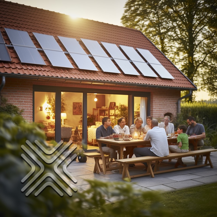 Familie und Freunde genießen eine gemütliche Zusammenkunft im Freien an einem großen Tisch vor einem Haus mit Solarthmermieanlagen auf dem Dach in der Dämmerung.