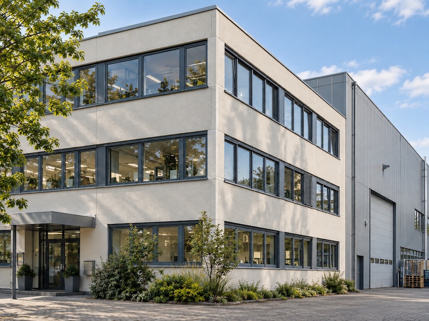 Wohnhausfassade mit großem Fenster, Blick in den Wohnbereich und begrünter Terrasse.