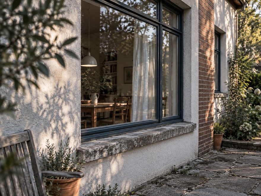 Wohnhausfassade mit großem Fenster, Blick in den Wohnbereich und begrünter Terrasse.